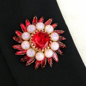 Festive Judy Lee Ruby Red Rhinestone and Faux Opal Brooch Pin